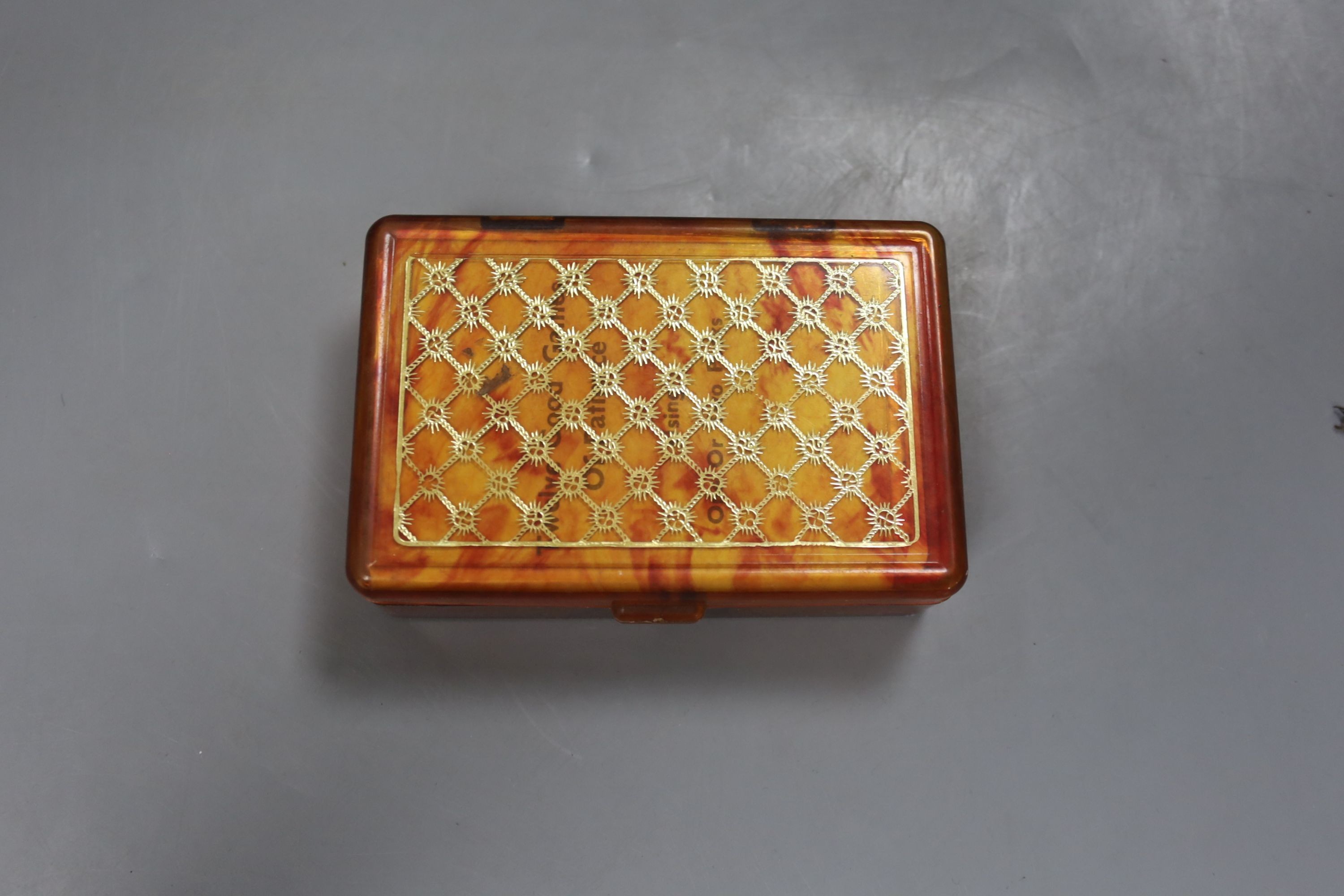 An olive wood blotter pad, 30cm two cased packs cards